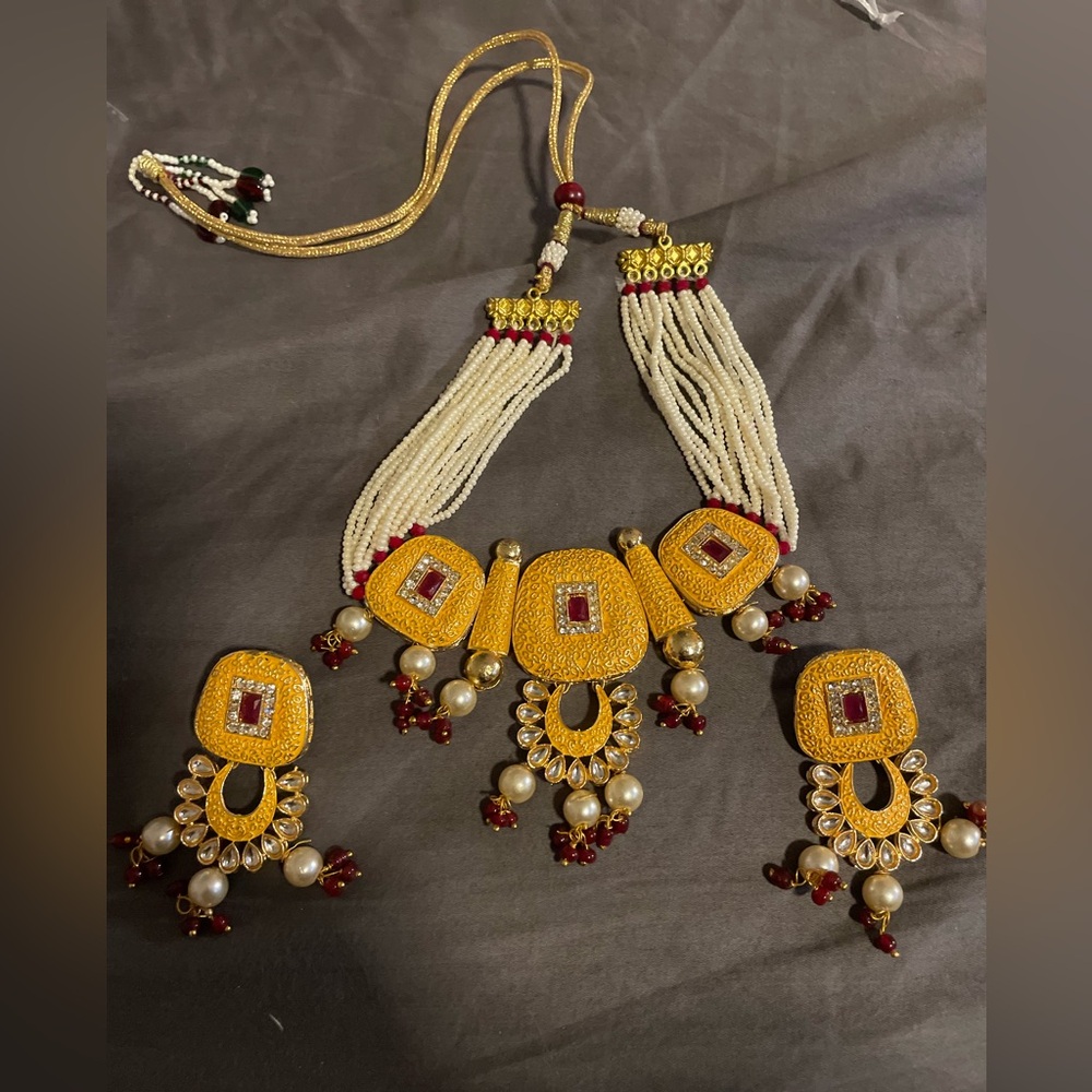 Elegant Yellow and Red Beaded Bollywood Necklace Set